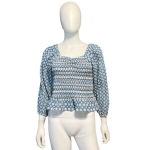 Blue Cropped Smocked Peplum Eyelet Top Size L Large Blue Yakira Bella